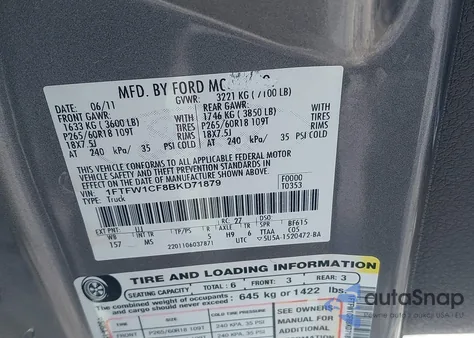 2011 Ford F-150 Xlt from USA, damaged, VIN 1FTFW1CF8BKD71879